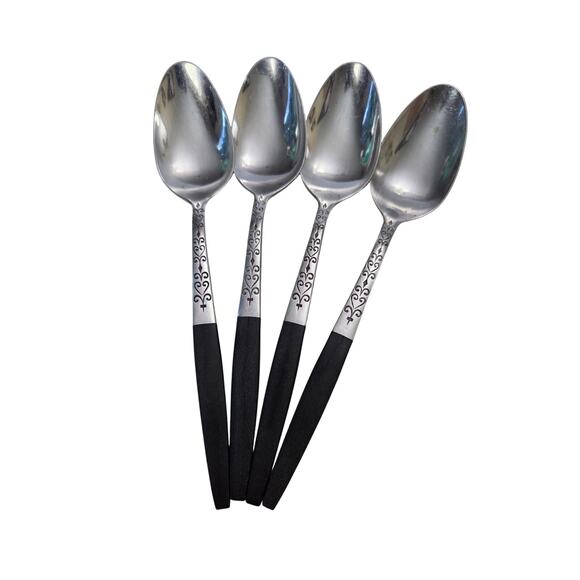 Lot 4 Vintage Tablespoons Interpur Swirl Black Silverware Spoons Large MCM - Picture 1 of 5